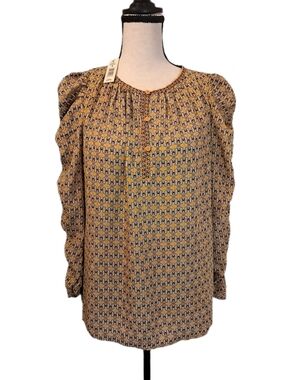NWT Max Studio Gold Ruched Sleeve Blouse Puffy Long Sleeve Office Career S